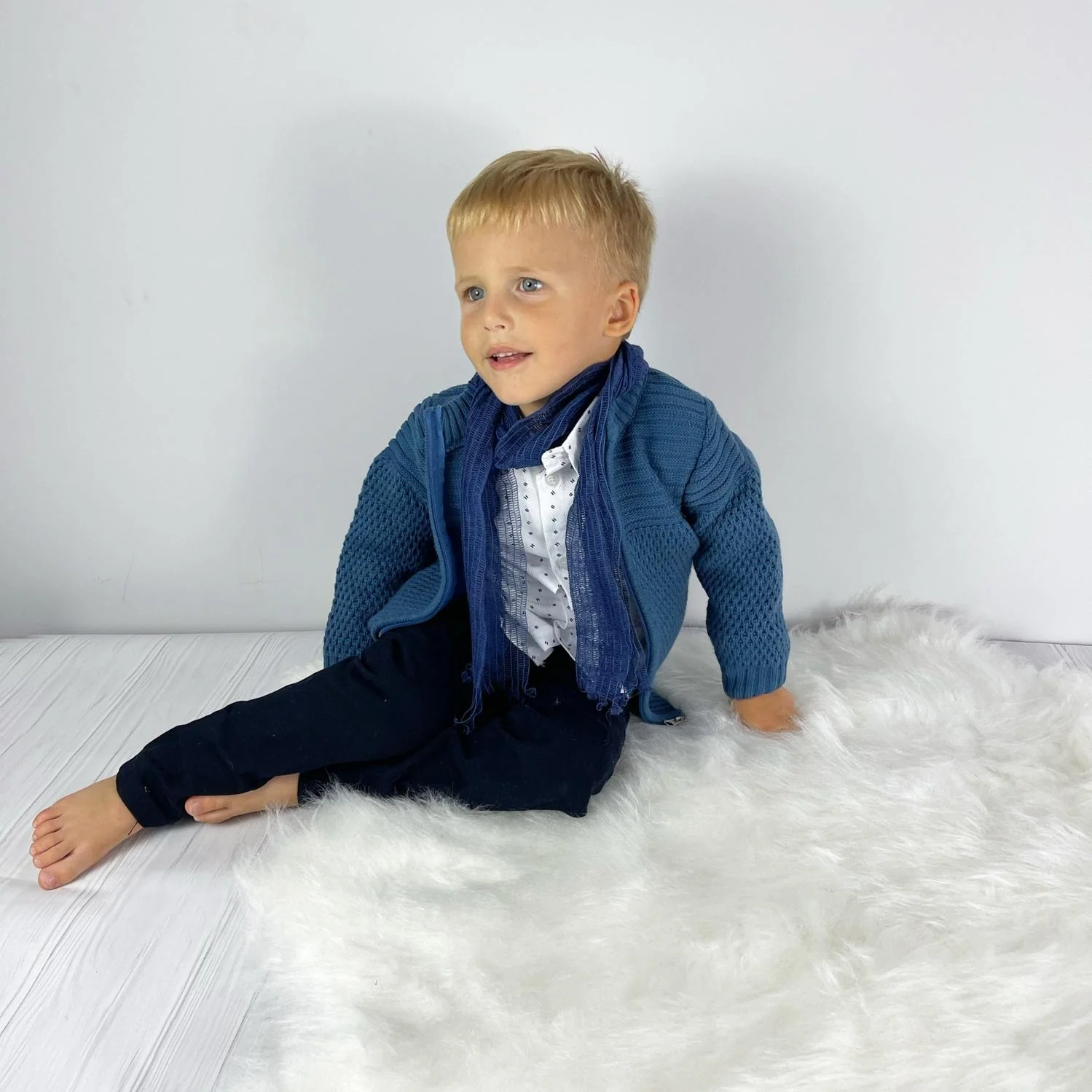 Baby Boy Blue Knit Cardigan Smart Casual Outfit Set - Image 4