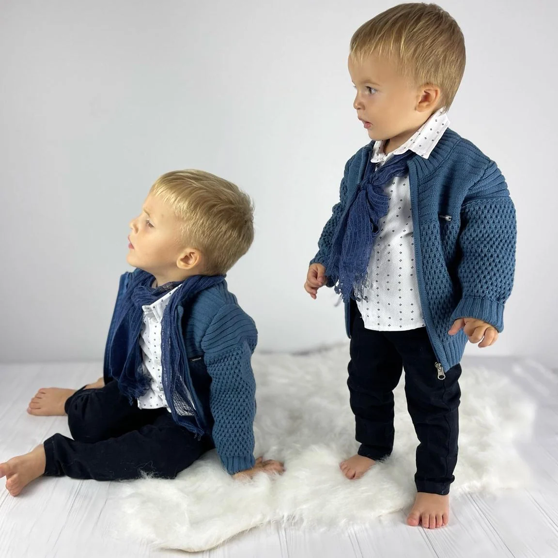 Baby Boy Blue Knit Cardigan Smart Casual Outfit Set - Image 5