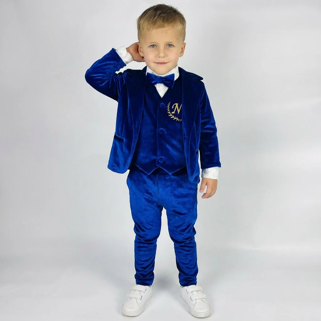 Luxury Baby Boy Velvet Blue Tuxedo | Royal Blue Jacket with Bow Tie