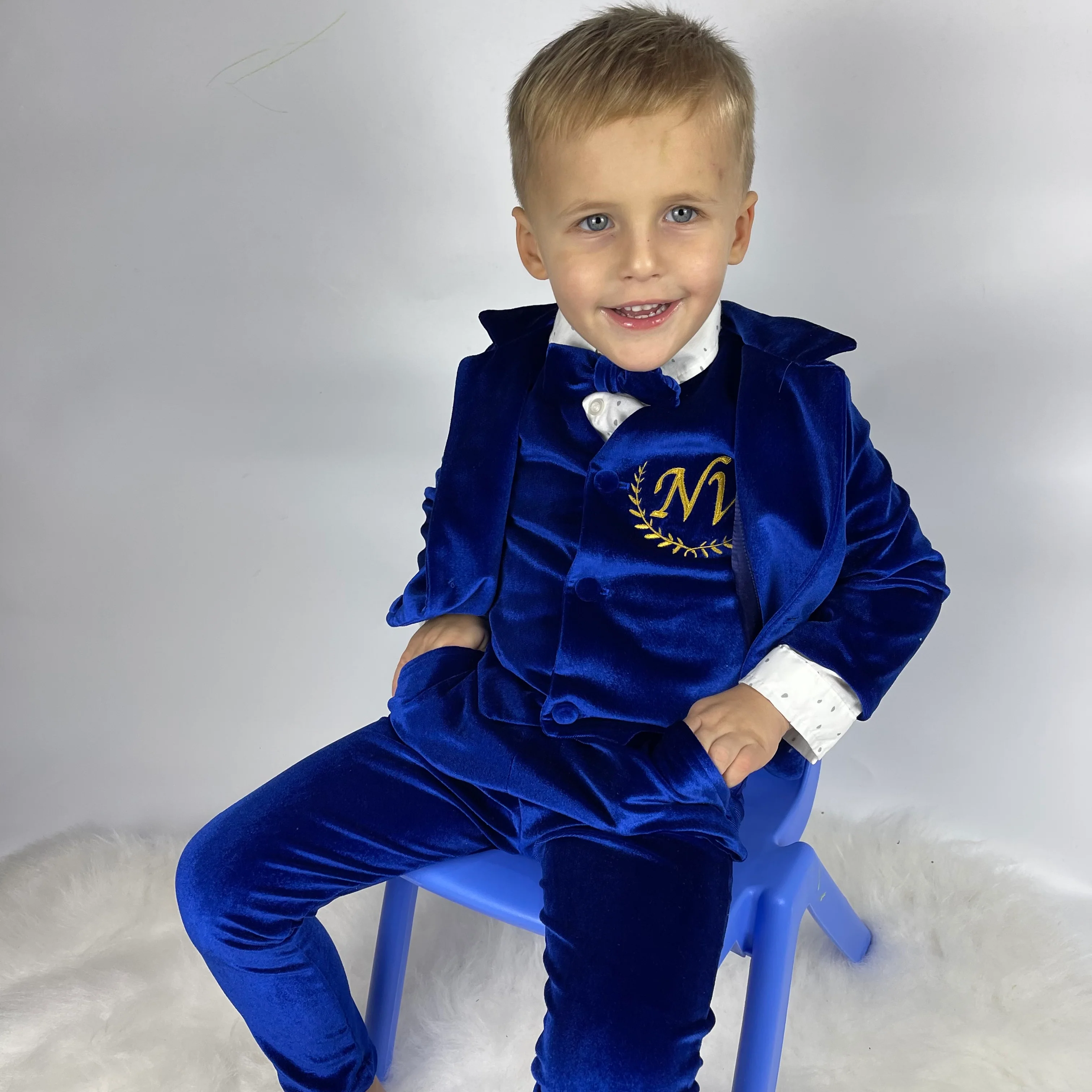 Luxury Baby Boy Velvet Blue Tuxedo | Royal Blue Jacket with Bow Tie - Image 3