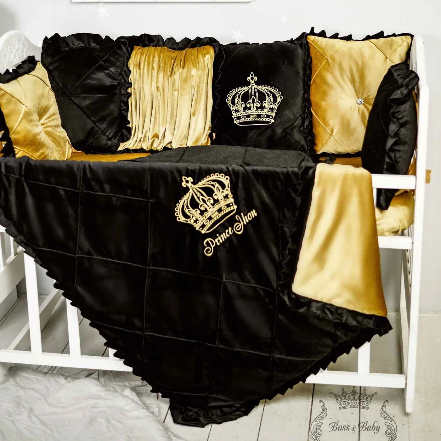 Royal Crown Black and Gold Baby Crib Bumpers with Luxury King Theme - Image 2