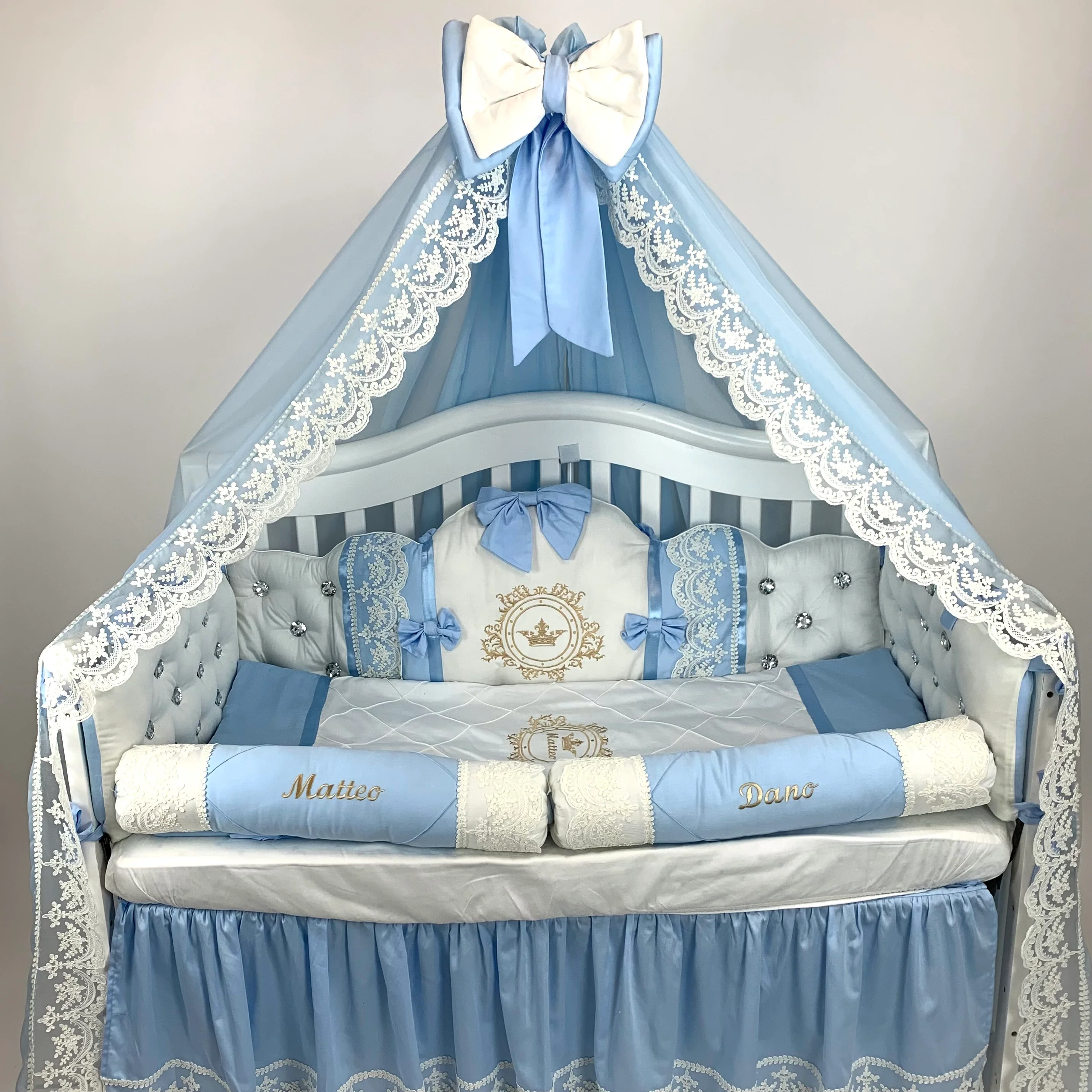 Royal Blue & White Baby Boy Bedding Set with Canopy | Lace & Rhinestones - Image 5
