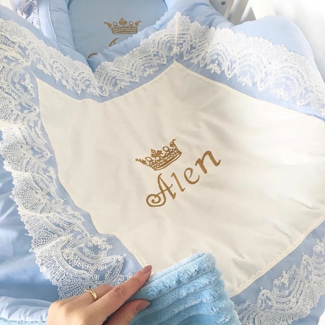 Personalized Blue and White Crib Bedding Set for Baby Boy | Canopy, Bows & Crown Embroidery - Image 4