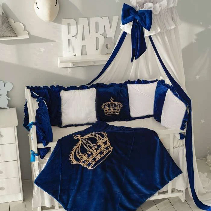 Luxury Royal Blue & White Velvet Crown Baby Boy Crib Bedding Set with Canopy - Image 6