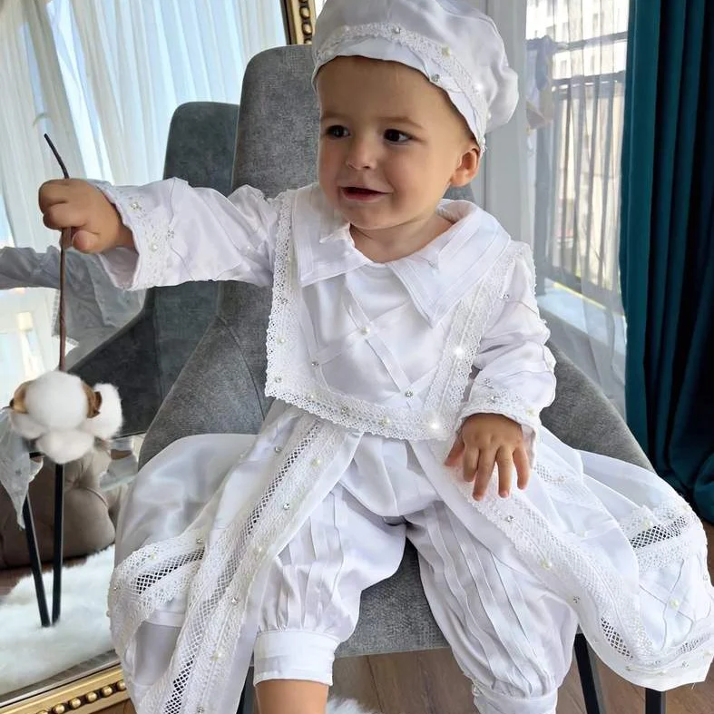 Handmade Baby Boy Baptism Gown with Pearls & Rhinestones - Image 5