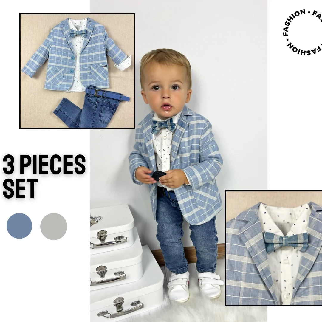 Handmade Kids Blue Plaid Blazer Set with Denim Pants & Bow Tie - Image 6