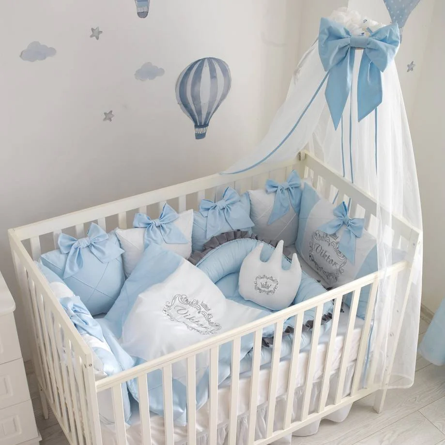 Luxury Light Blue Baby Boy Crib Bedding Set with Canopy | Baby Nest & Embroidered Blanket - Image 3