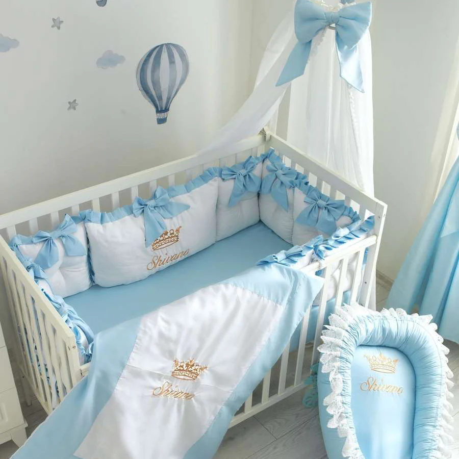 Royal Crown Light Blue Crib Bedding & Baby Nest Set with Tulle Canopy for Baby Boy - Image 4