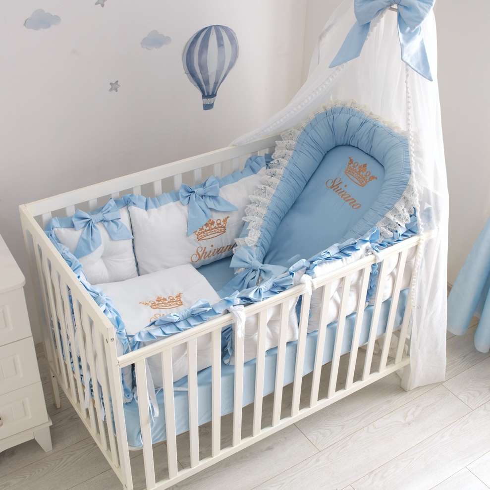 Royal Crown Light Blue Crib Bedding & Baby Nest Set with Tulle Canopy for Baby Boy - Image 5