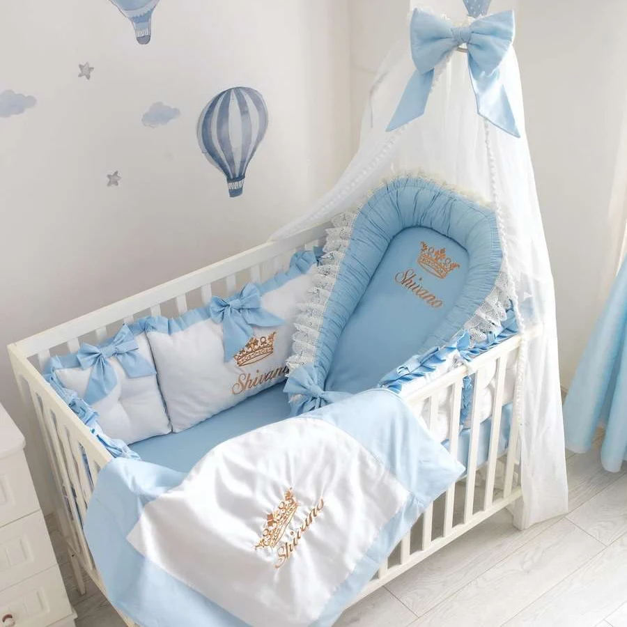 Royal Crown Light Blue Crib Bedding & Baby Nest Set with Tulle Canopy for Baby Boy - Image 6