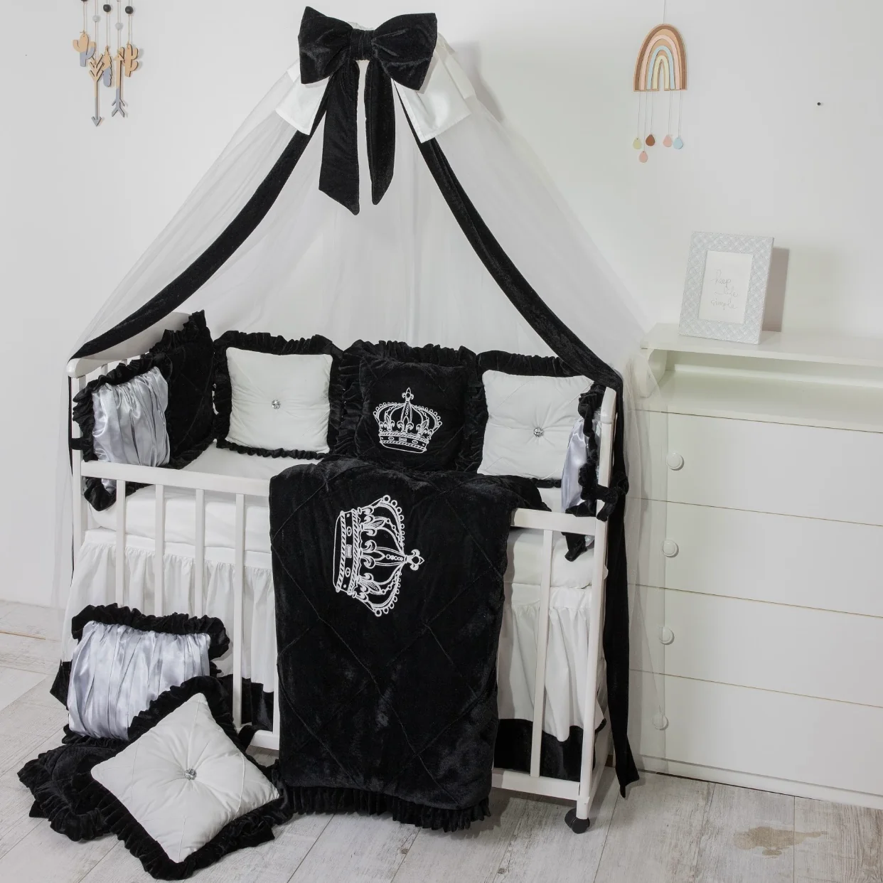 Luxury Crown Design Black and White Crib Bedding Set with Canopy - Image 3