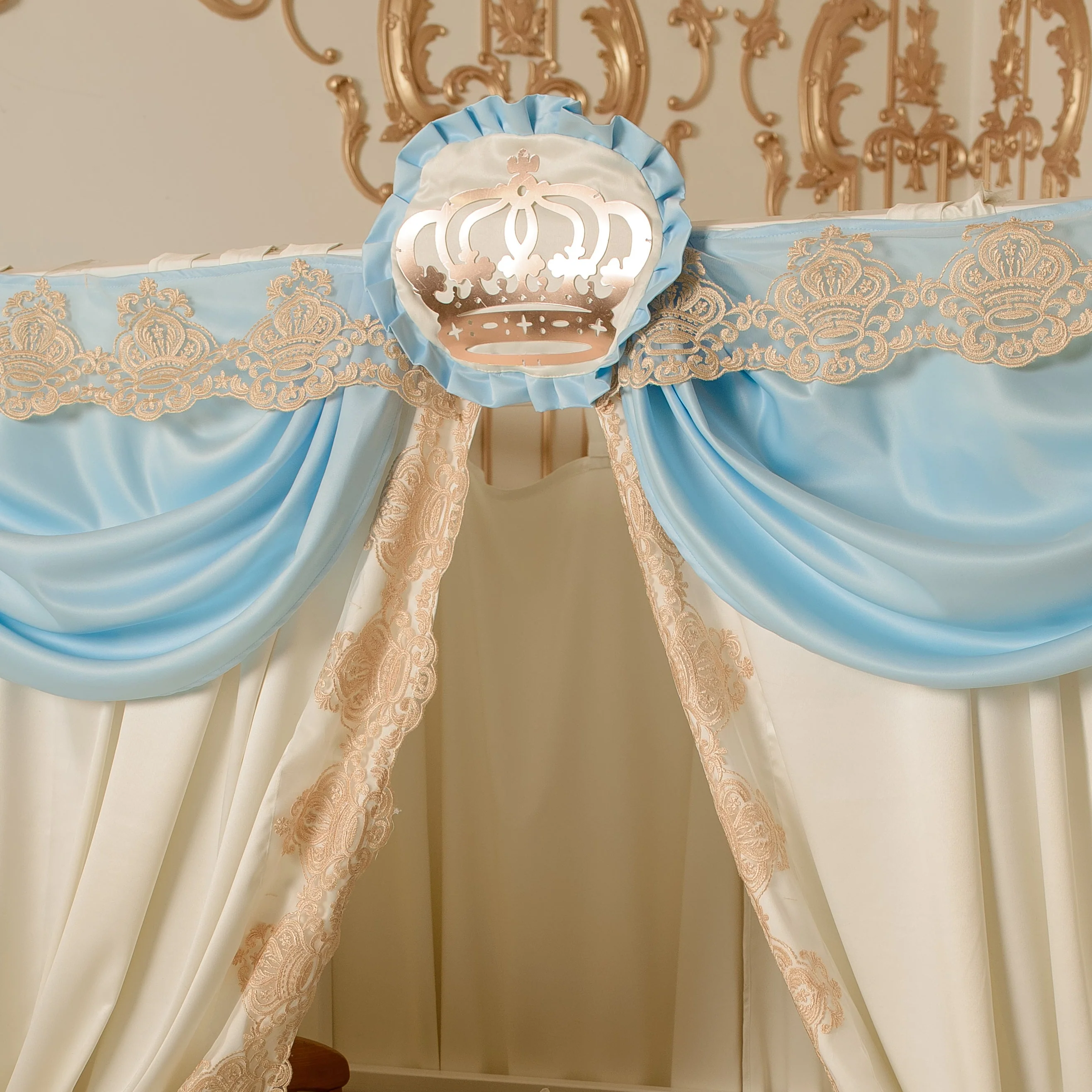 Luxury blue and Ivory lace crib bedding set with Canopy |  Embroidered Baby Bedding set - Image 3