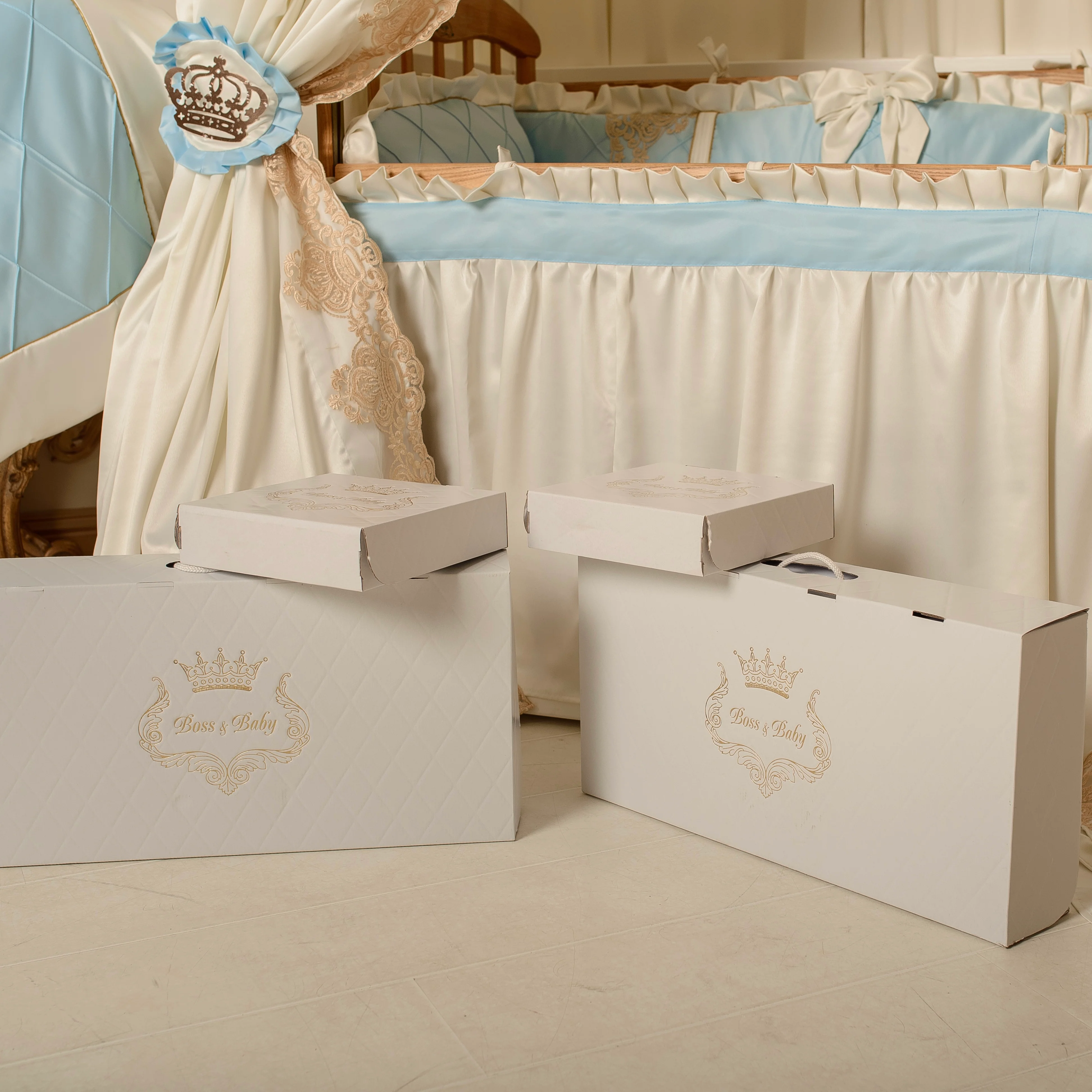 Luxury blue and Ivory lace crib bedding set with Canopy |  Embroidered Baby Bedding set - Image 4