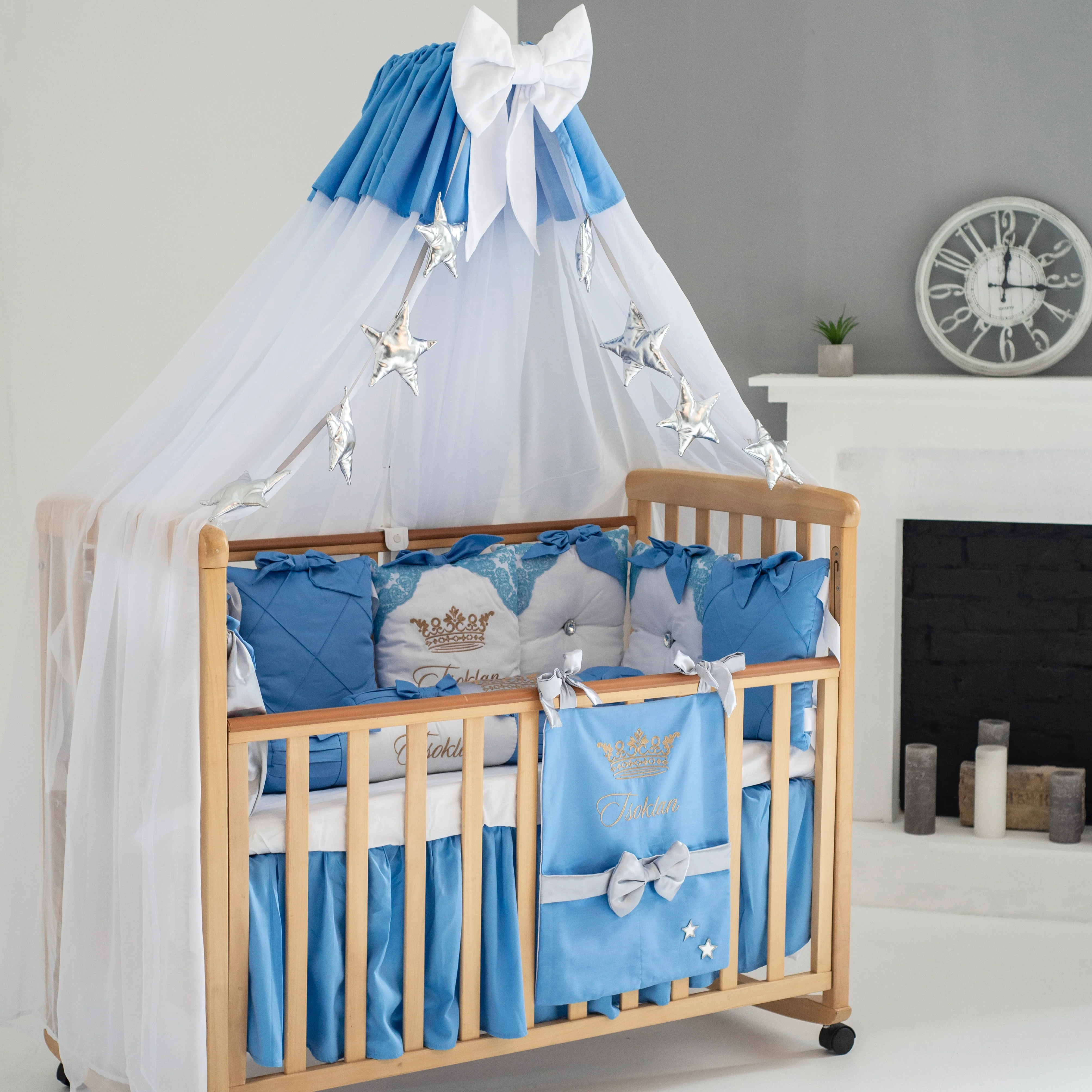 Luxury Blue and White Baby Boy Crib Bedding Set | Nursery Bedding with Canopy & Embroidered Crown - Image 3