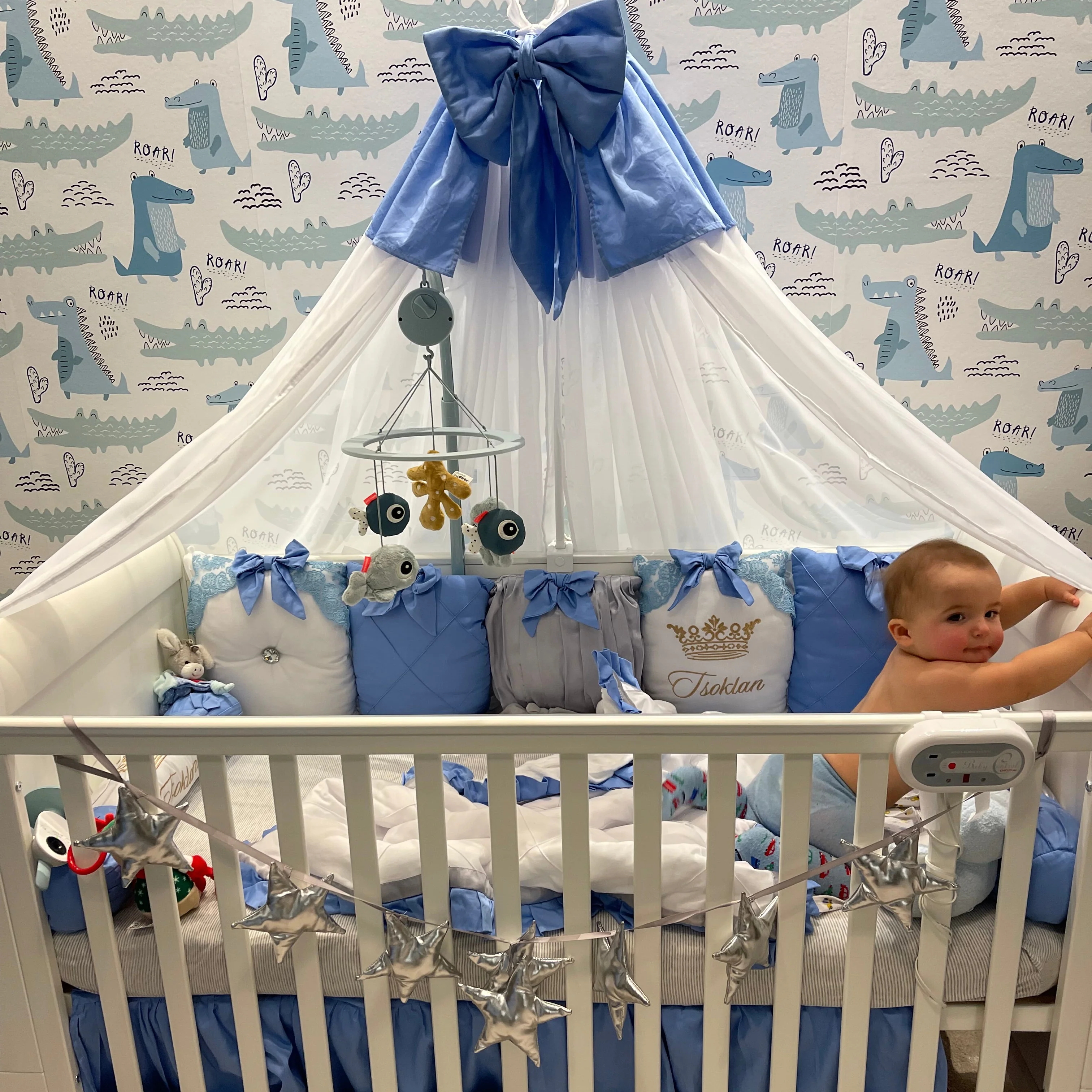 Luxury Blue and White Baby Boy Crib Bedding Set | Nursery Bedding with Canopy & Embroidered Crown - Image 6