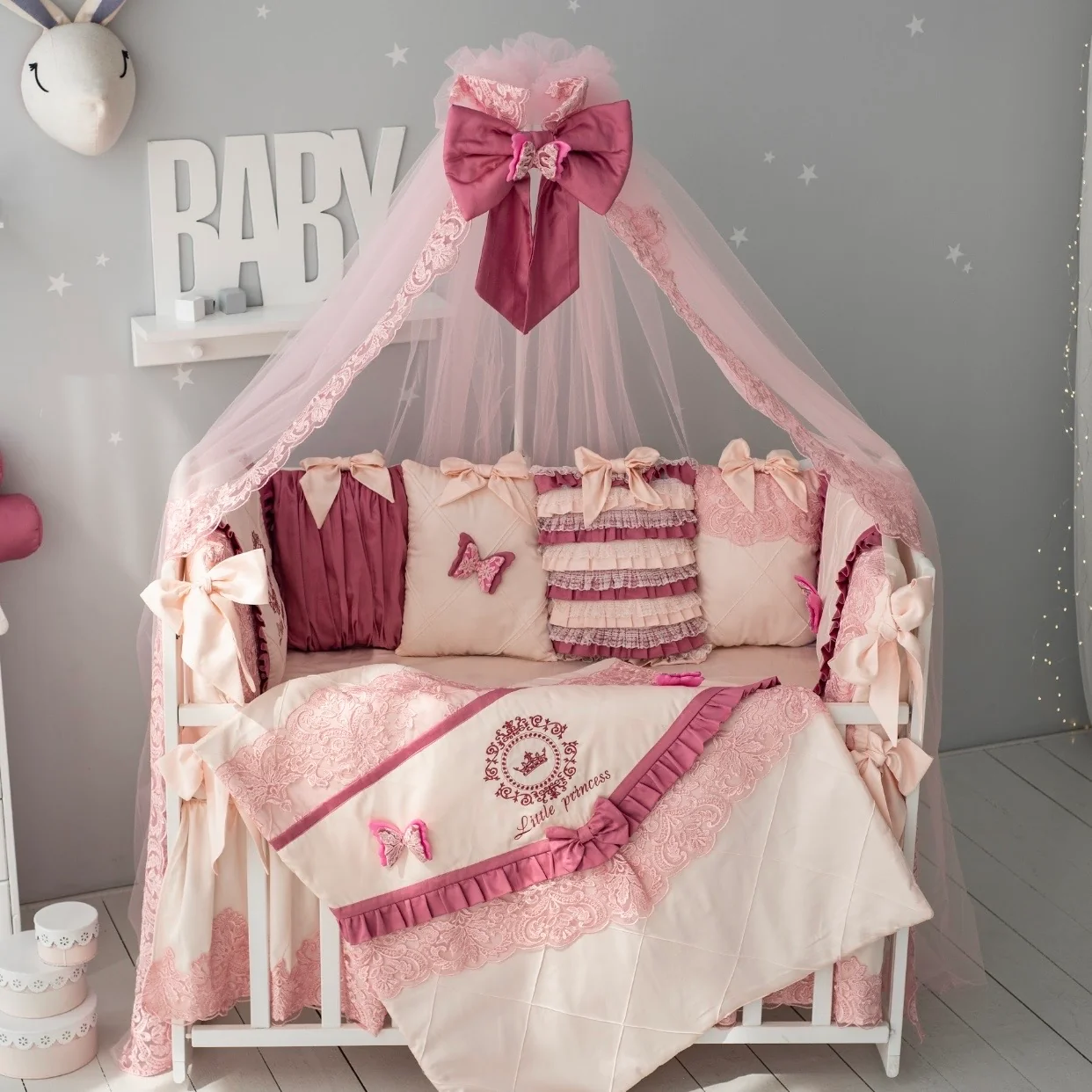 Luxury Pink and Ivory Baby Bedding Set | Crown Butterfly Crib Decor - Image 6