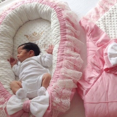 Luxury Pink Baby Nest Set with Personalized Blanket & Lace | Soft Cotton Newborn Lounger - Image 3