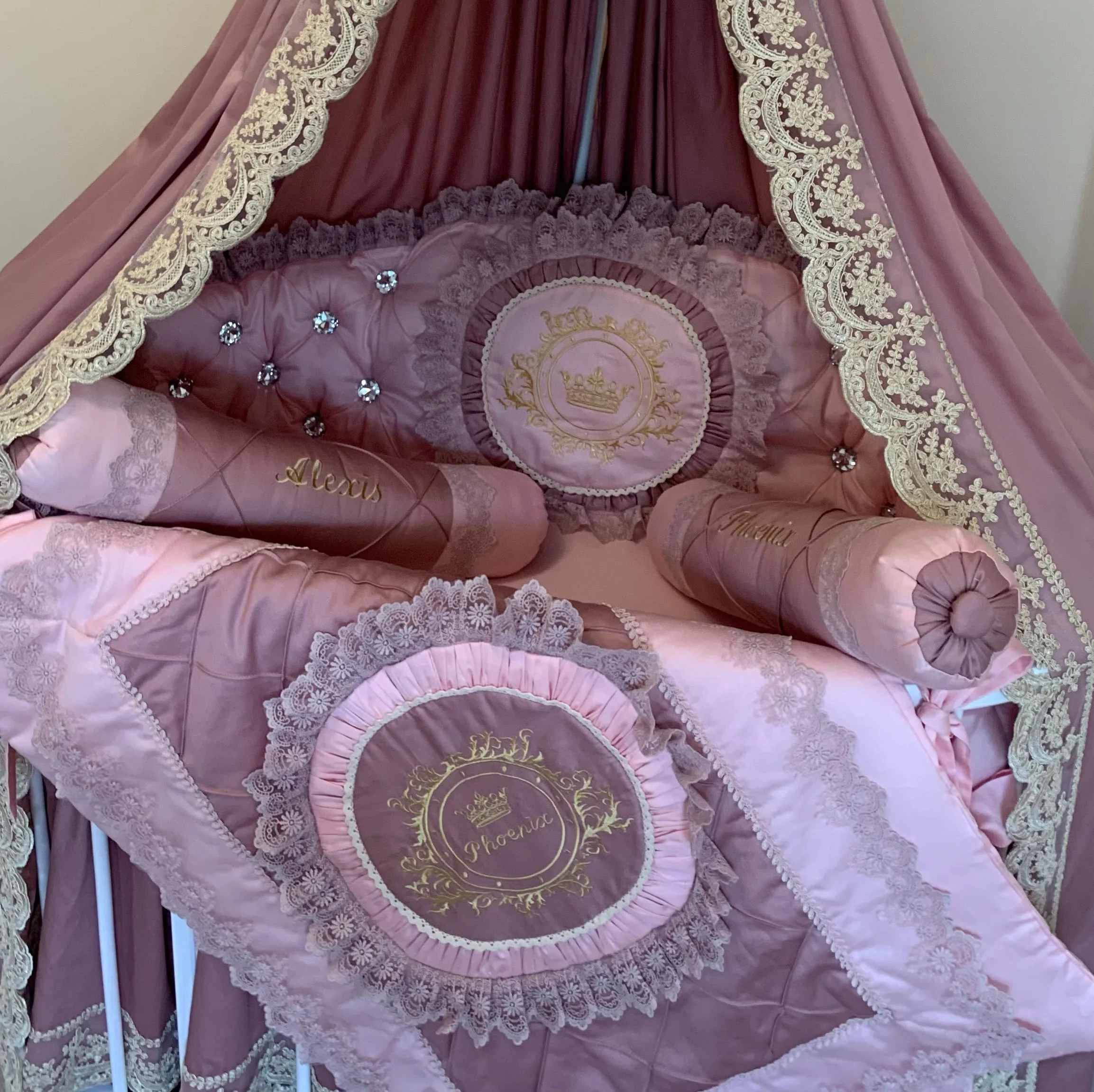 Personalized Luxury Pink Crib Canopy Bedding Set with Lace & Ruffles - Image 4
