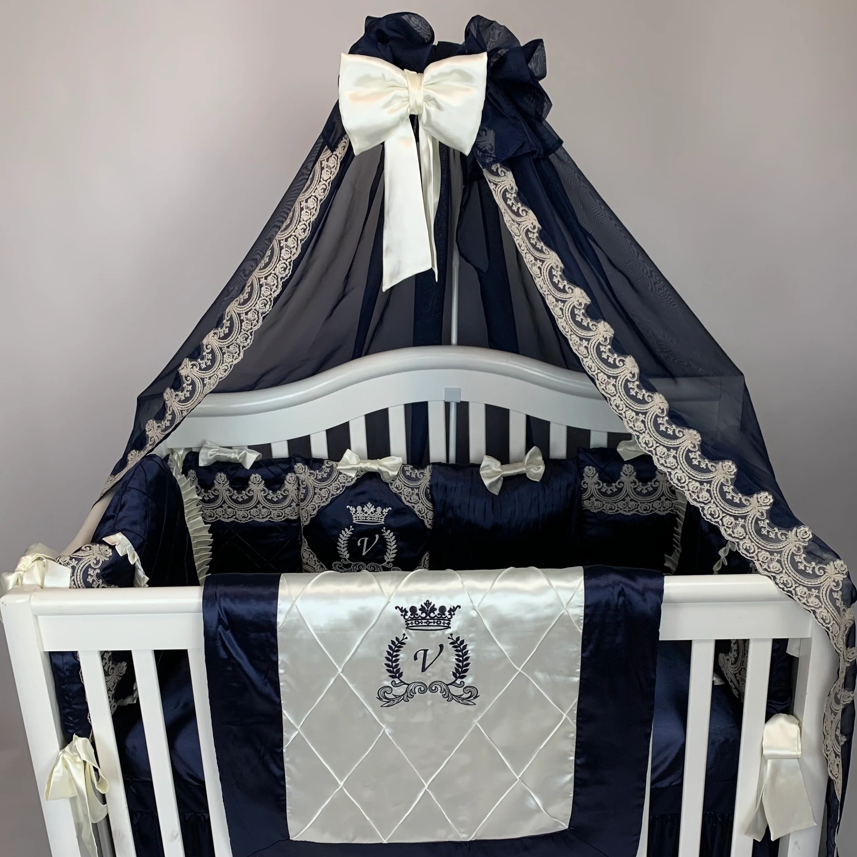 Royal Navy Blue and Ivory Lace Canopy Crib Bedding Set - Image 3