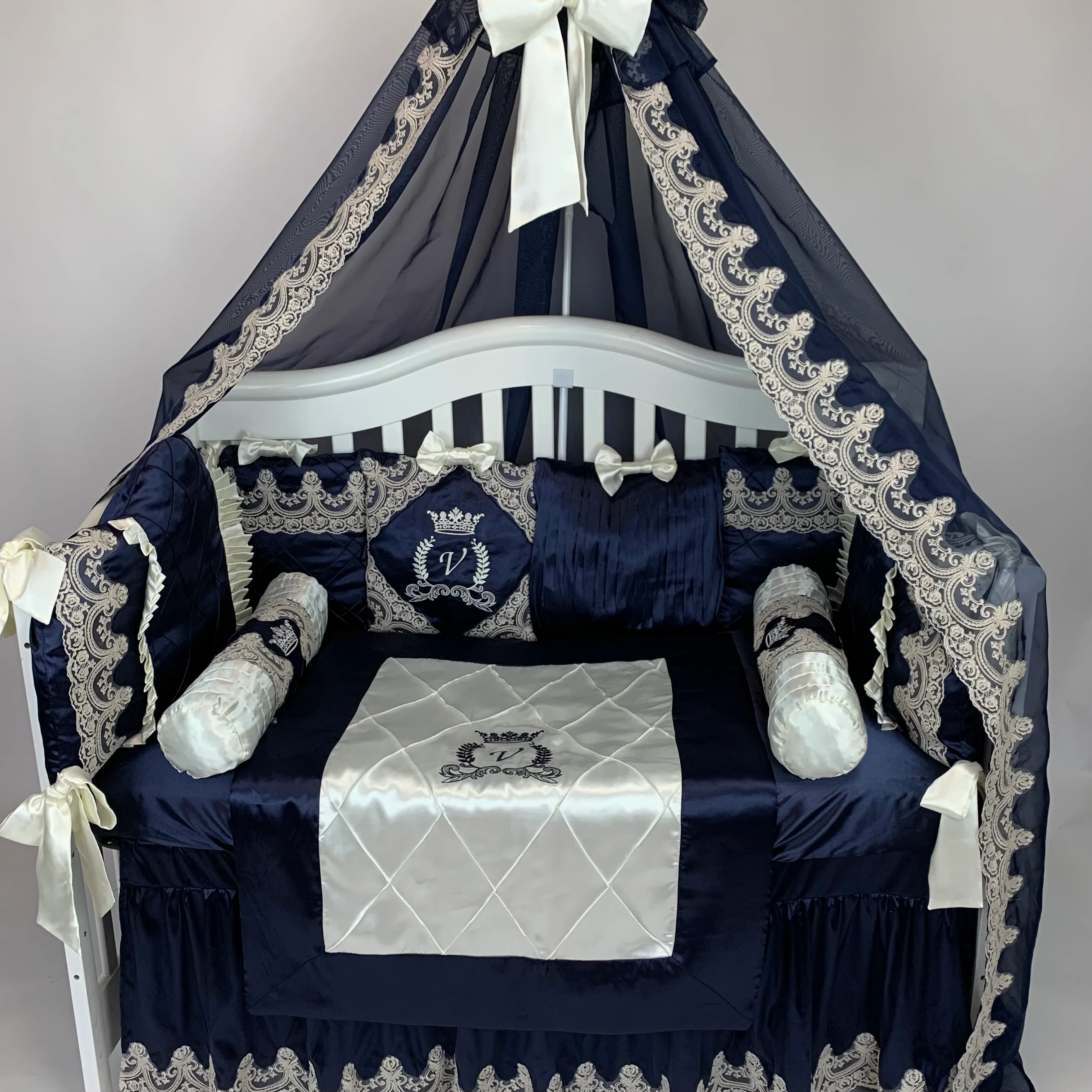 Royal Navy Blue and Ivory Lace Canopy Crib Bedding Set - Image 4