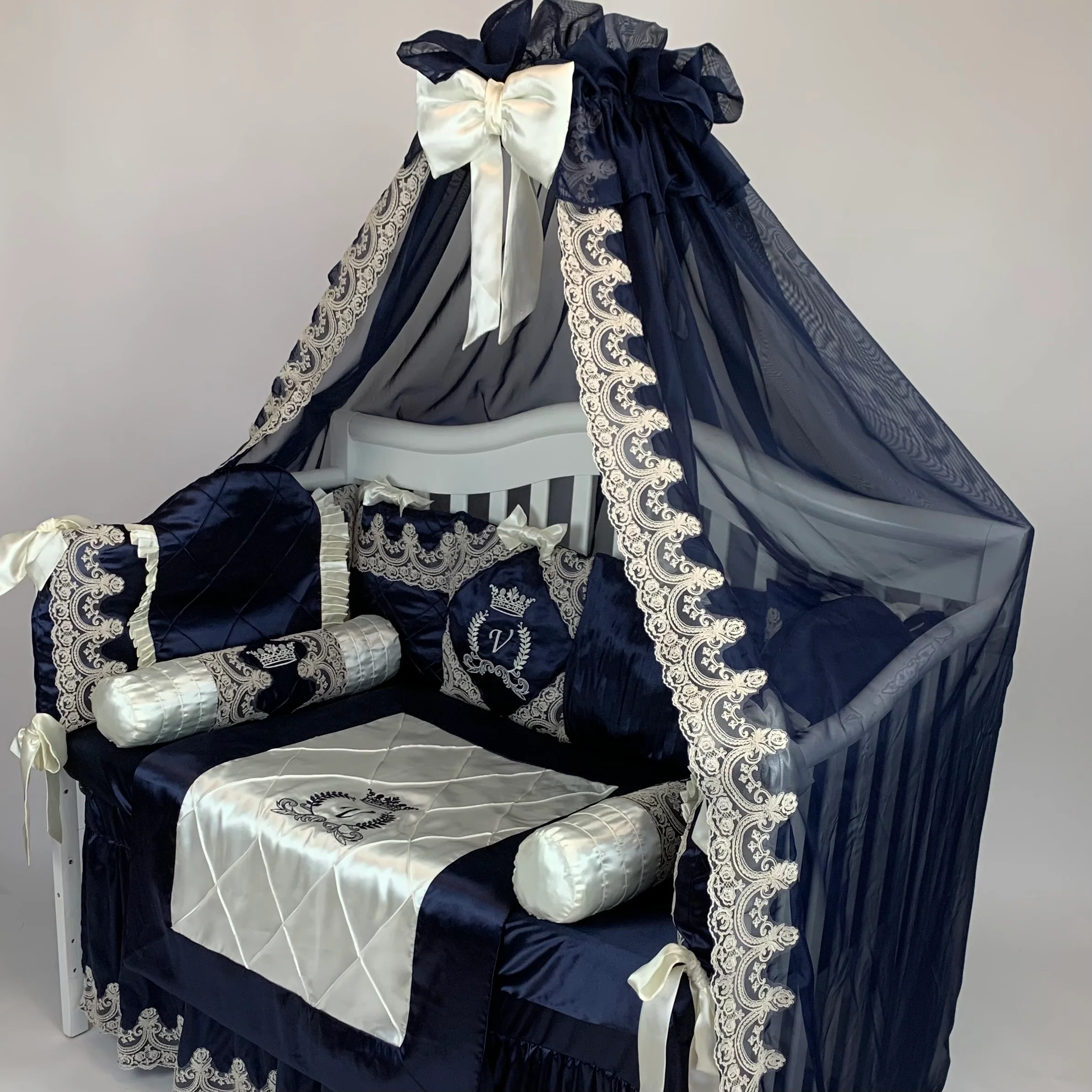 Royal Navy Blue and Ivory Lace Canopy Crib Bedding Set - Image 5