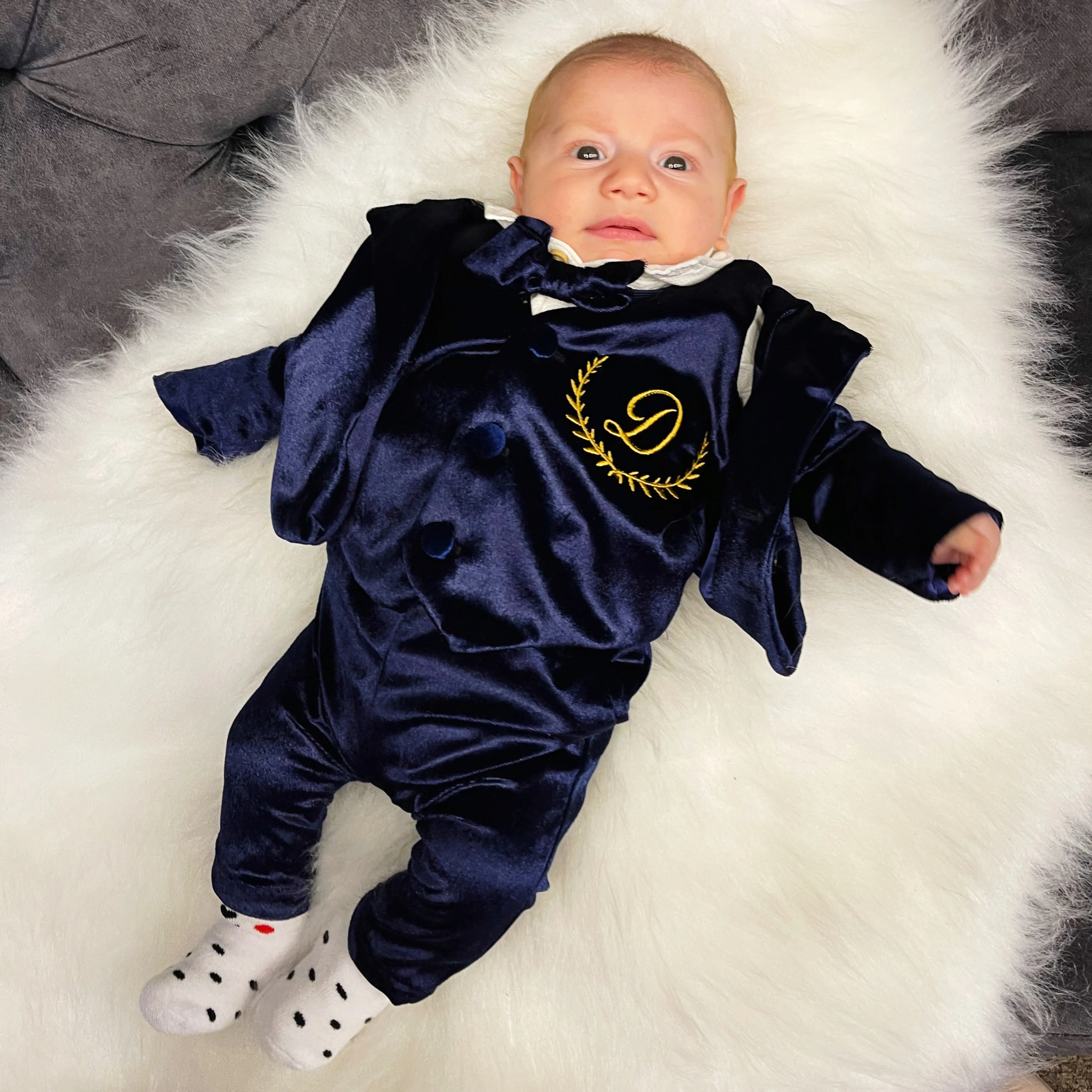 Personalized Navy Blue Velvet Baby Boy Suit Formal Outfit - Image 4