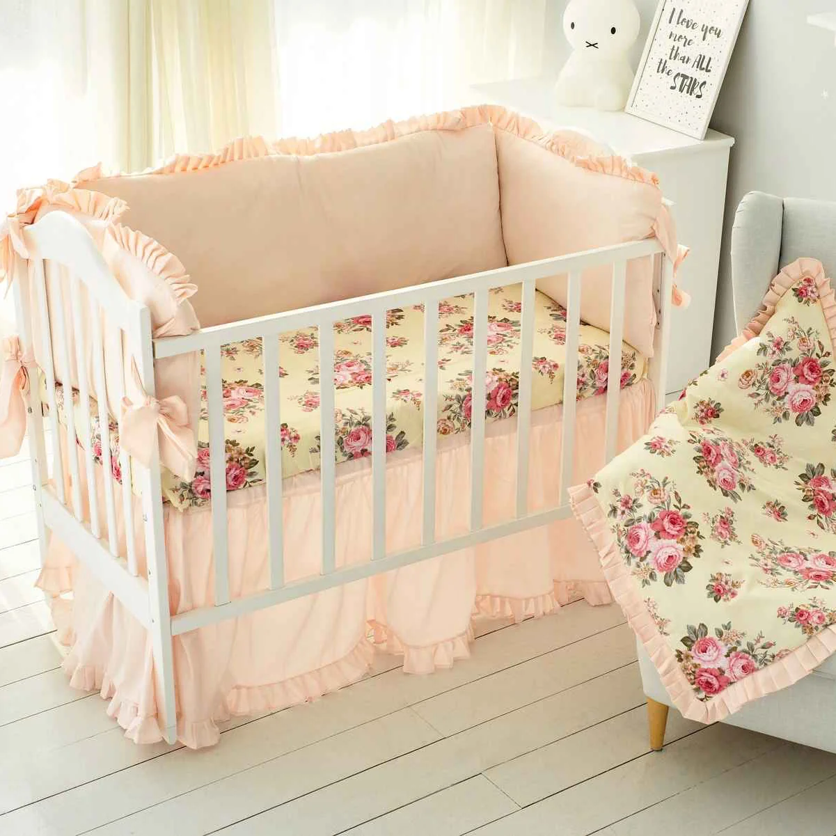 Peach Floral Baby Girl Crib Bedding Set with Skirt