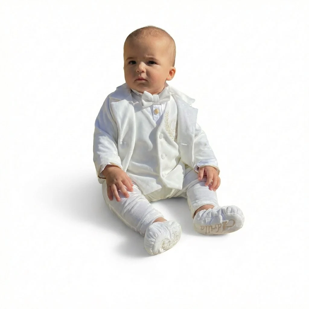 Personalised White Velvet Boss Baby Tuxedo | Elegant Baby Boy Outfit for Special Occasions