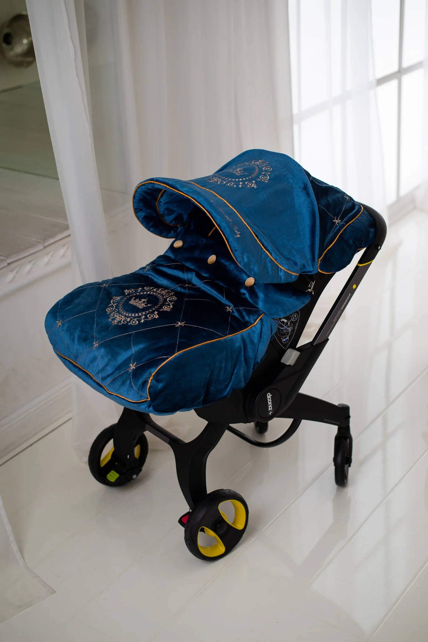 Personalized Blue & Gold Baby Car Seat Cover Set with Diaper Bag - Image 4