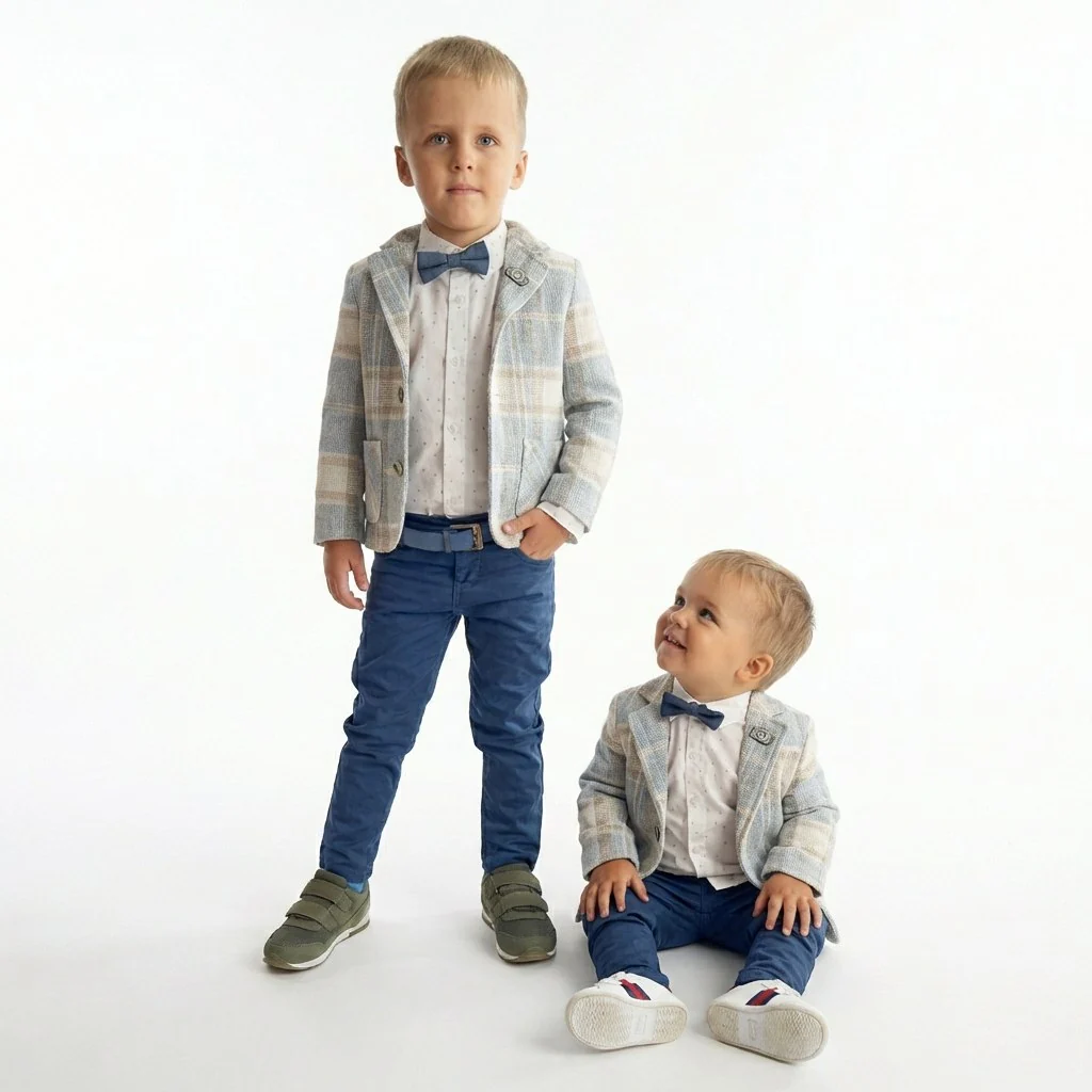 Boy Blue Checkered Suit | 3-Piece Plaid Blazer Set with Bow Tie
