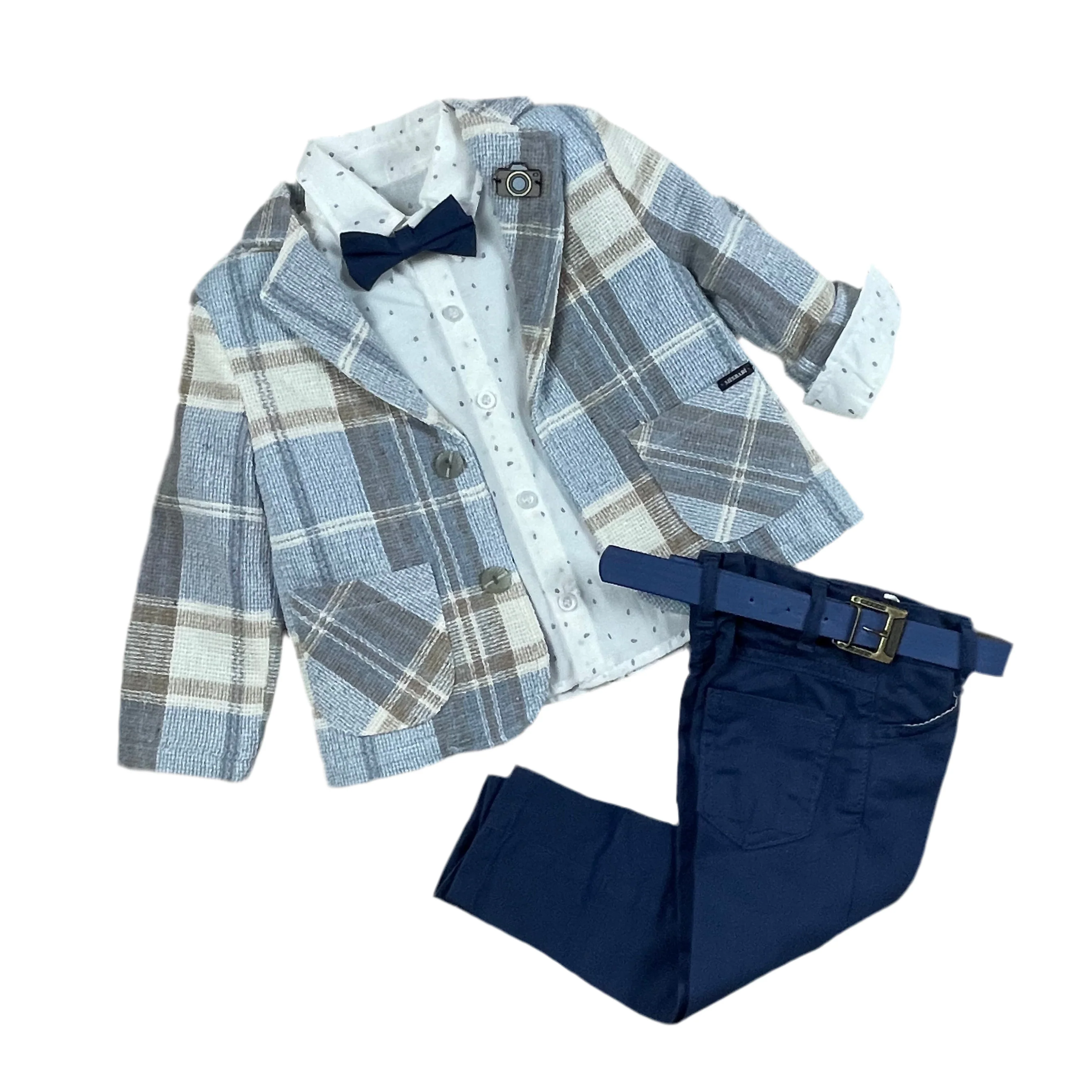 Boy Blue Checkered Suit | 3-Piece Plaid Blazer Set with Bow Tie - Image 2