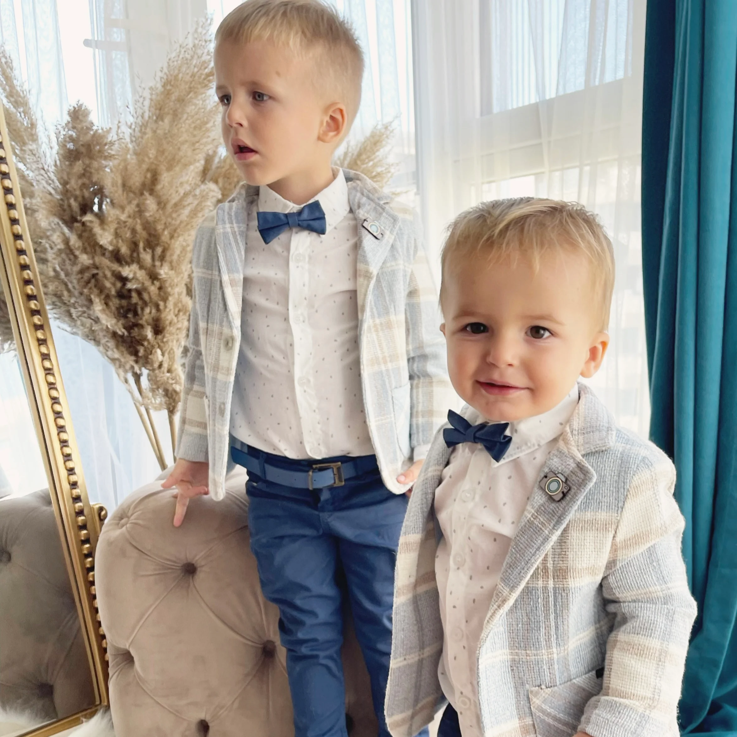 Boy Blue Checkered Suit | 3-Piece Plaid Blazer Set with Bow Tie - Image 3