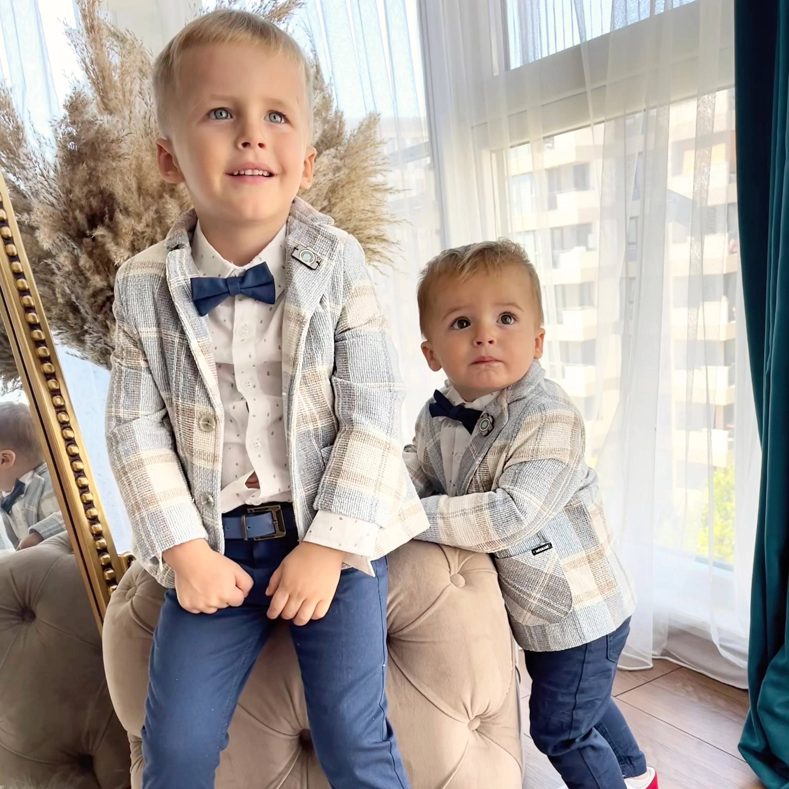 Boy Blue Checkered Suit | 3-Piece Plaid Blazer Set with Bow Tie - Image 4