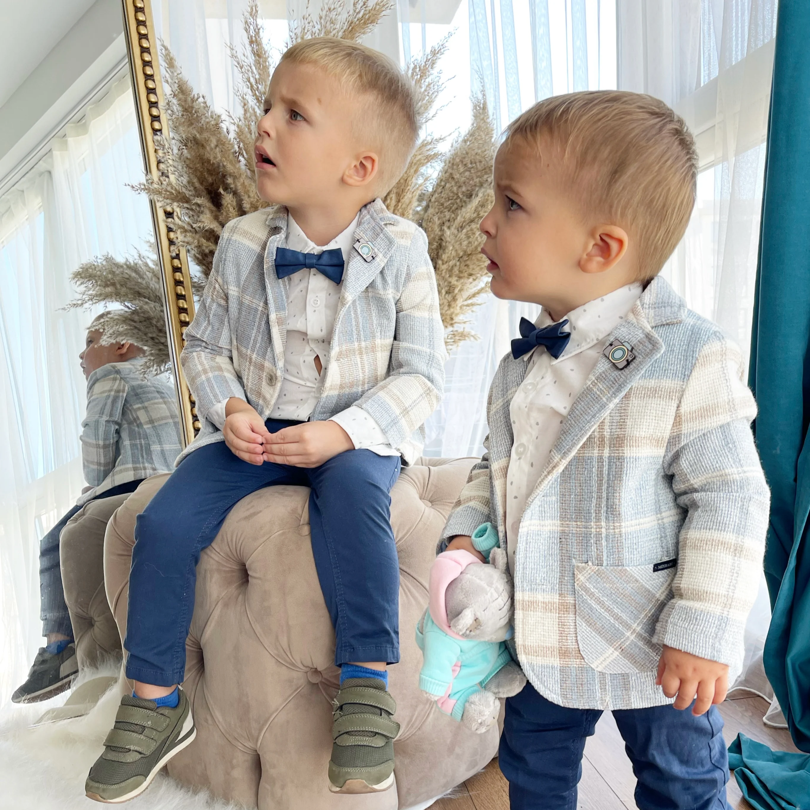 Boy Blue Checkered Suit | 3-Piece Plaid Blazer Set with Bow Tie - Image 5