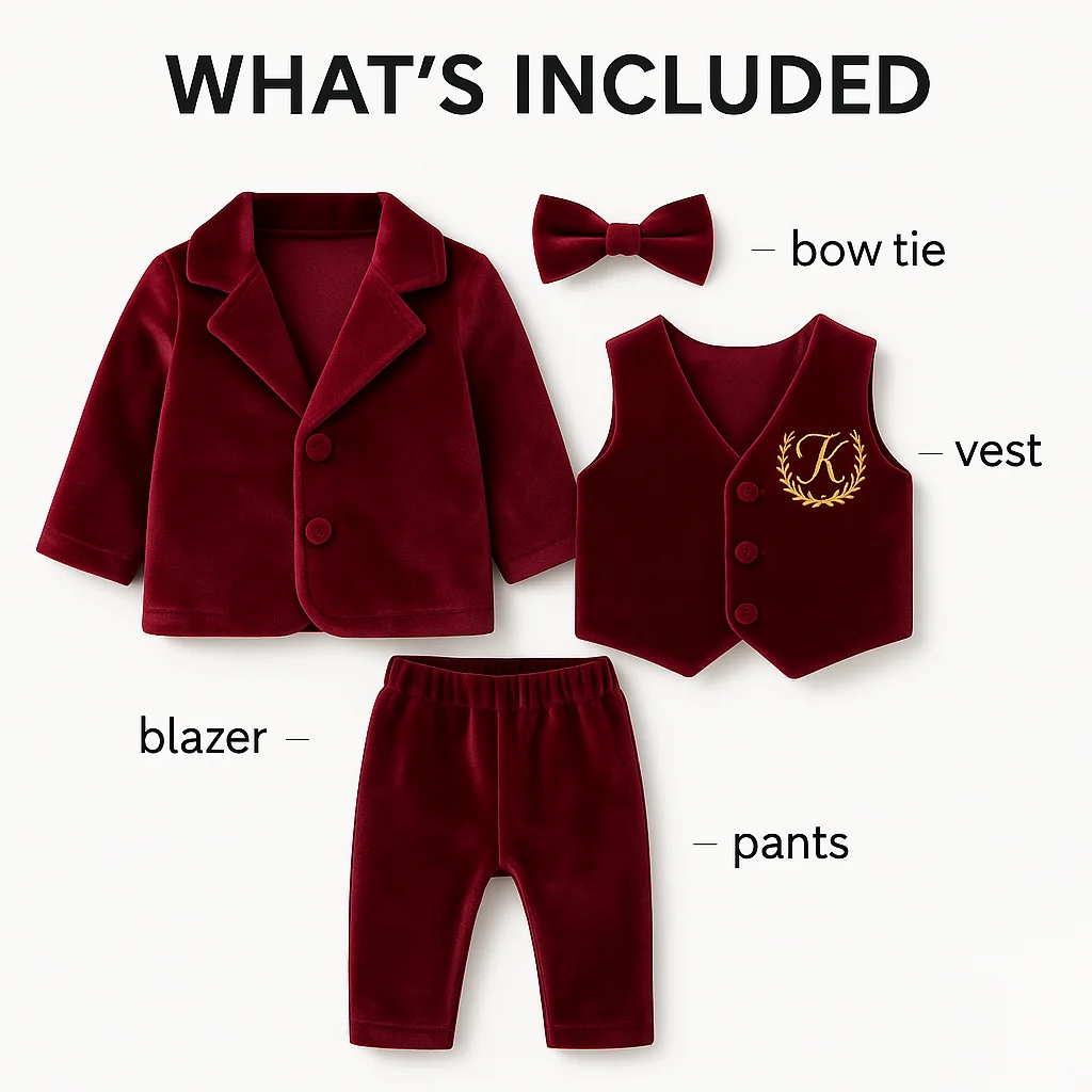Personalized Baby Burgundy Suit for Boy with Bow Tie | 4 Piece Outfit Set - Image 3