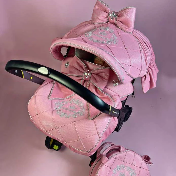 Sparkly Pink Baby Car Seat Cover Set with Rhinestones - Image 2