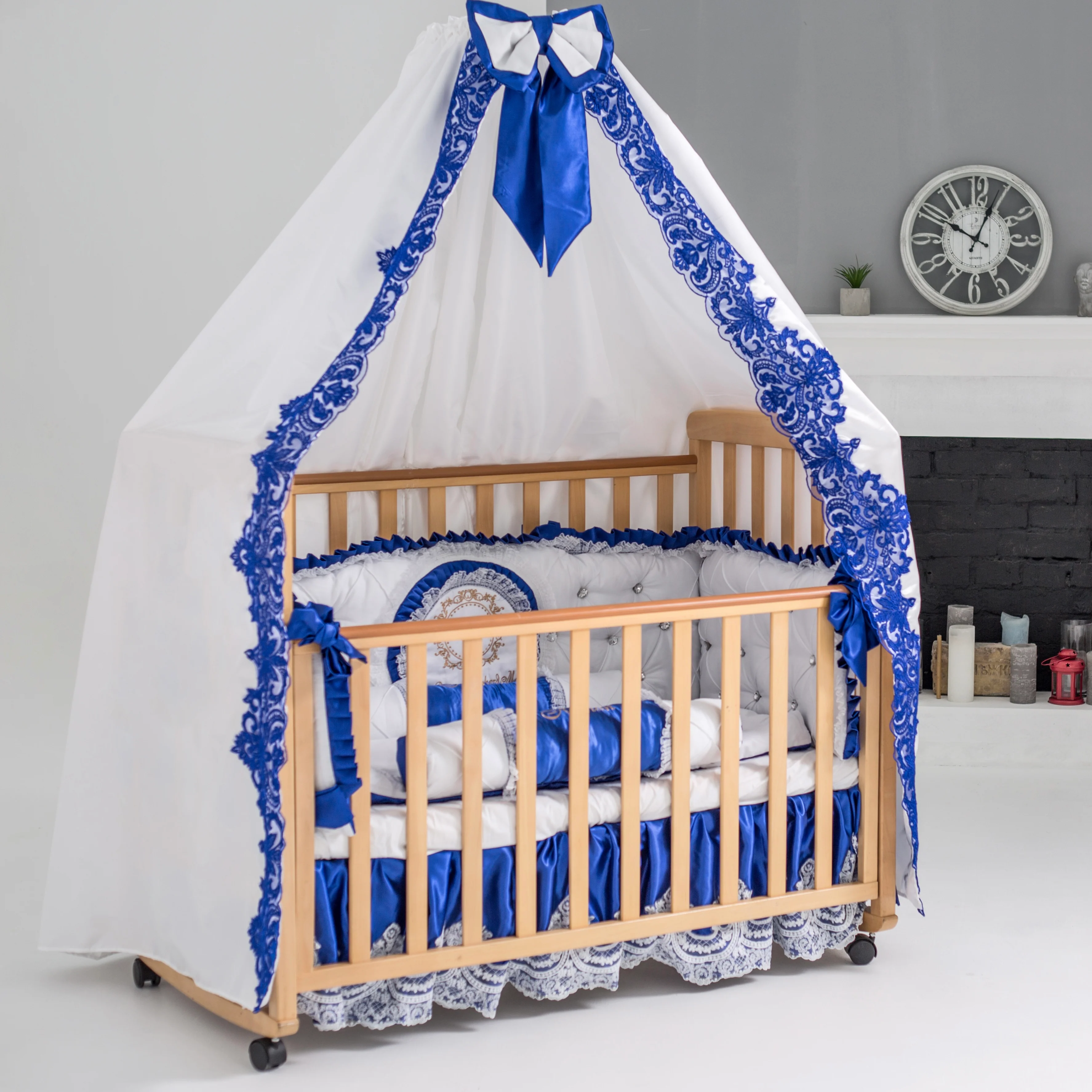 Luxury White and Royal Blue Baby Prince Bedding Set with Canopy - Image 4