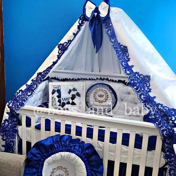 Luxury White and Royal Blue Baby Prince Bedding Set with Canopy - Image 5