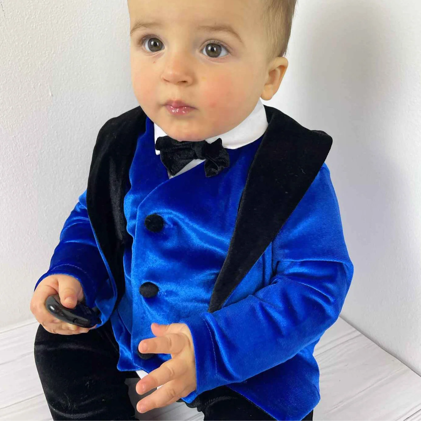 Royal Blue Baby Boy Velvet Tuxedo with Bow Tie - Image 3