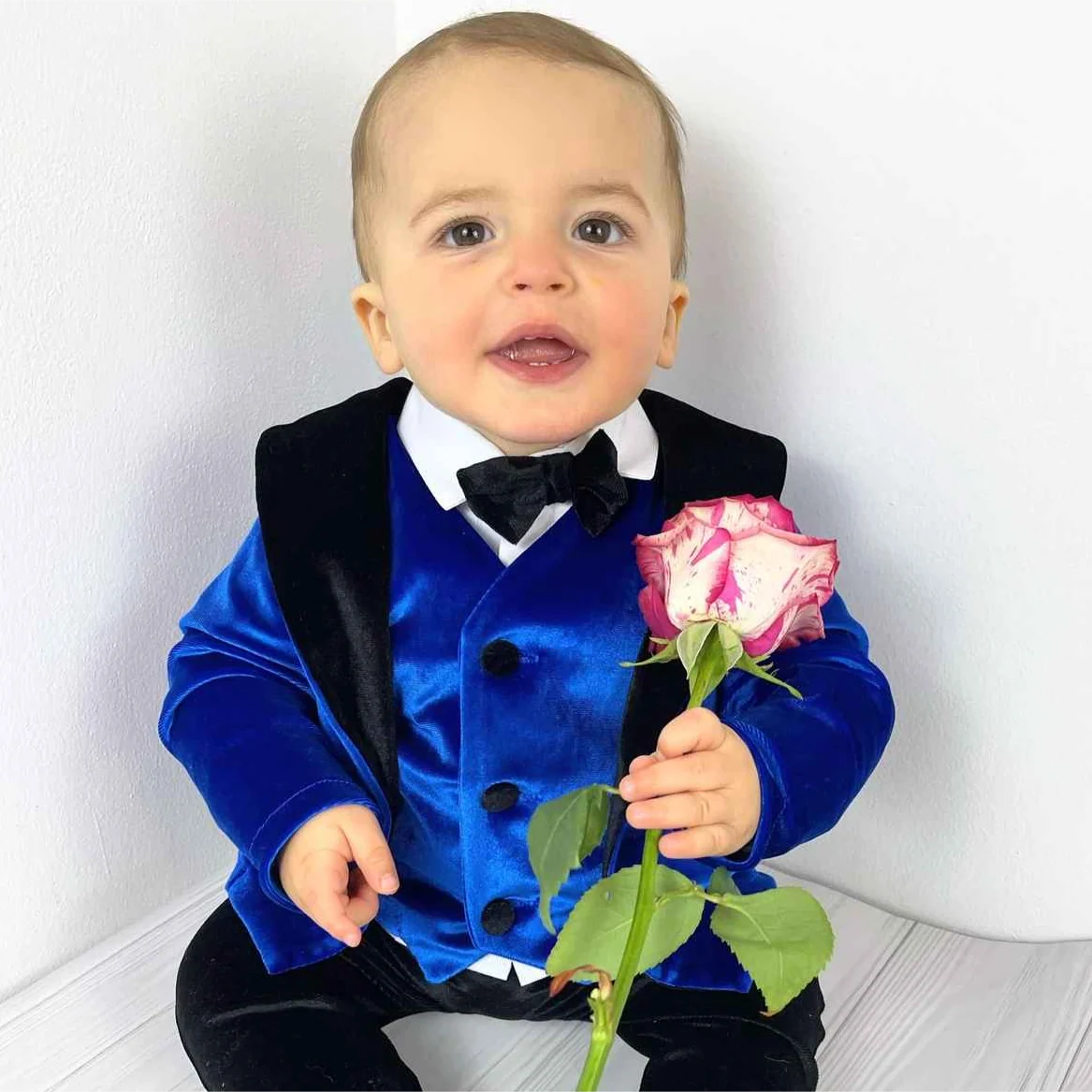 Royal Blue Baby Boy Velvet Tuxedo with Bow Tie - Image 4