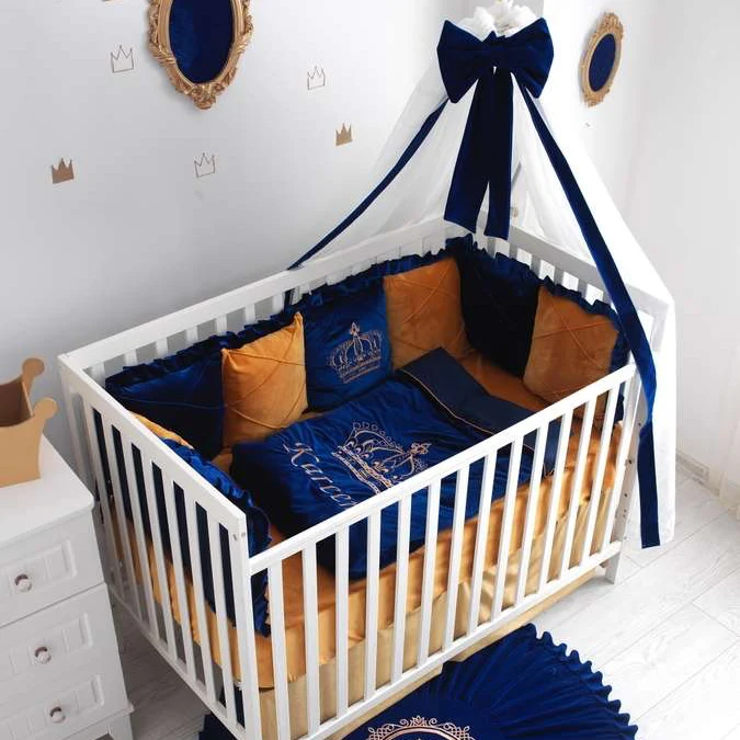 Luxury Royal Blue Crib Bedding Set with Canopy | Crown Embroidered Blanket & Rug - Image 3