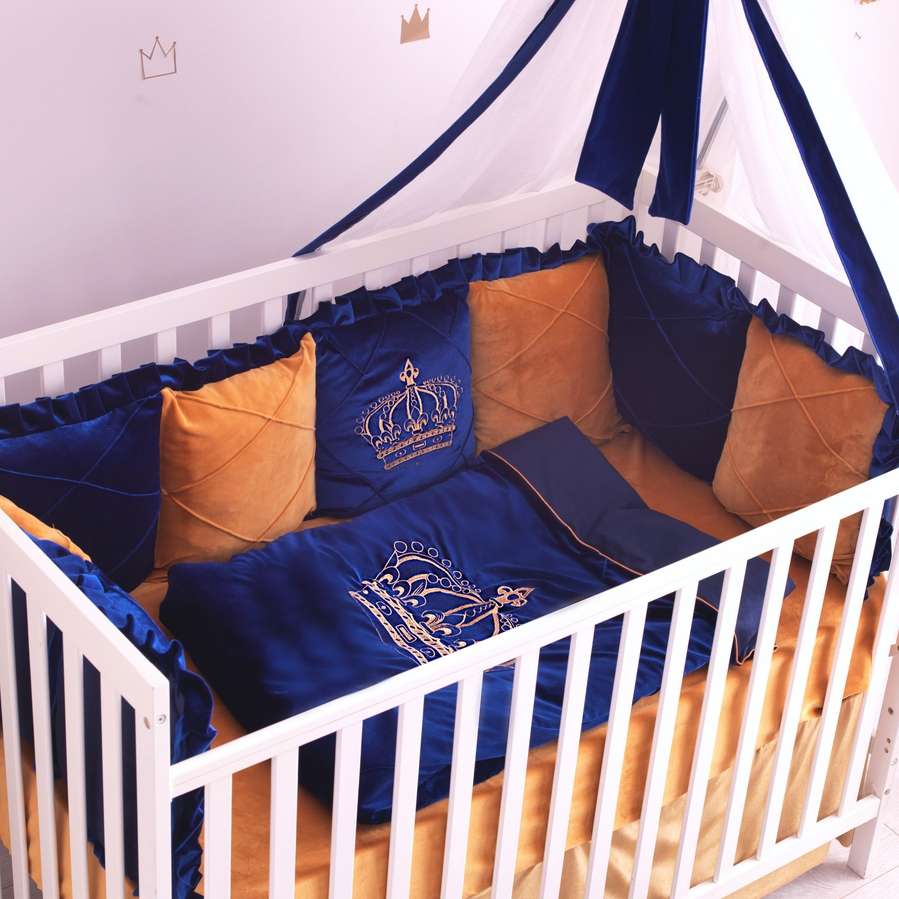 Luxury Royal Blue Crib Bedding Set with Canopy | Crown Embroidered Blanket & Rug - Image 4