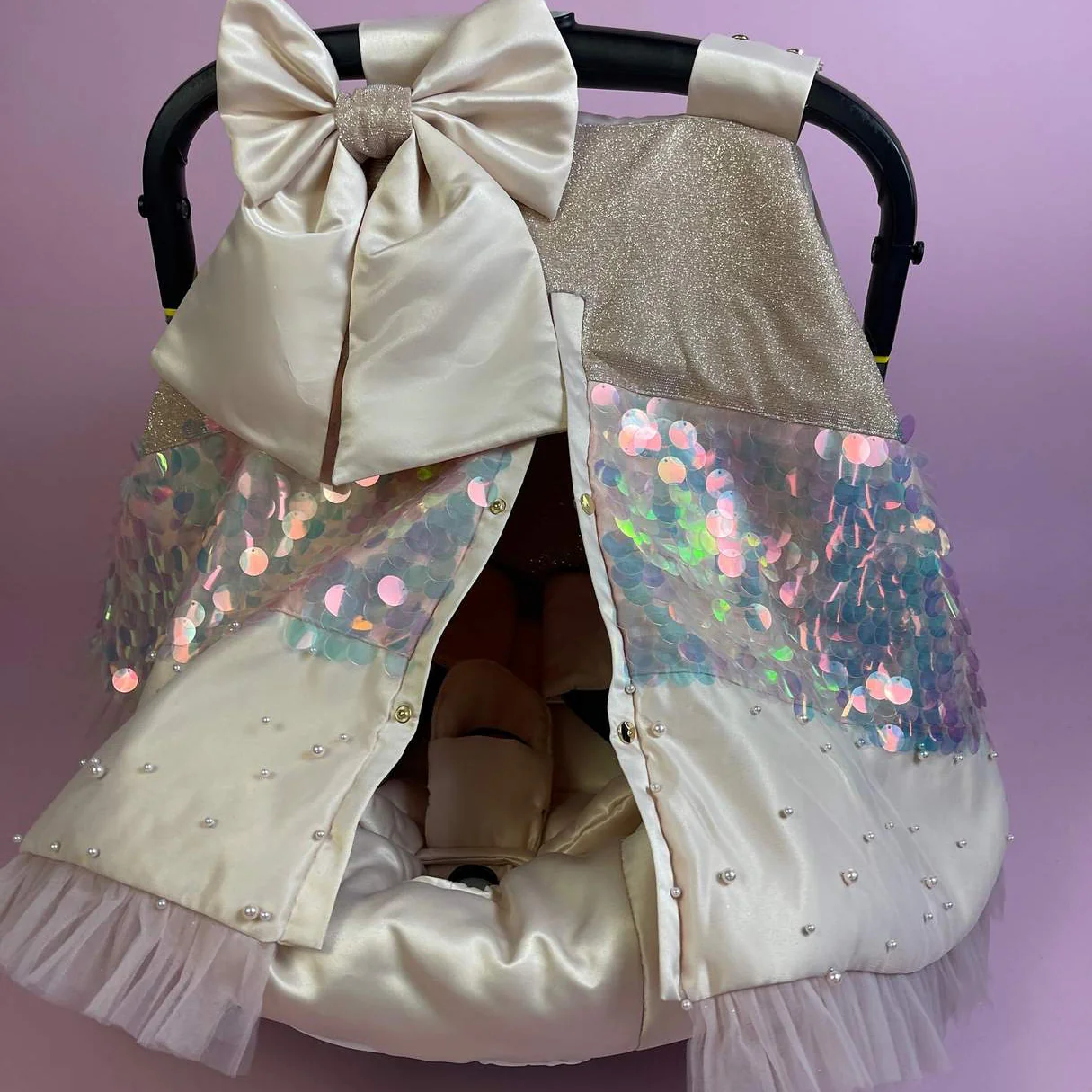 Sequin Baby Car Seat Cover with Bow – Universal Fit - Image 2