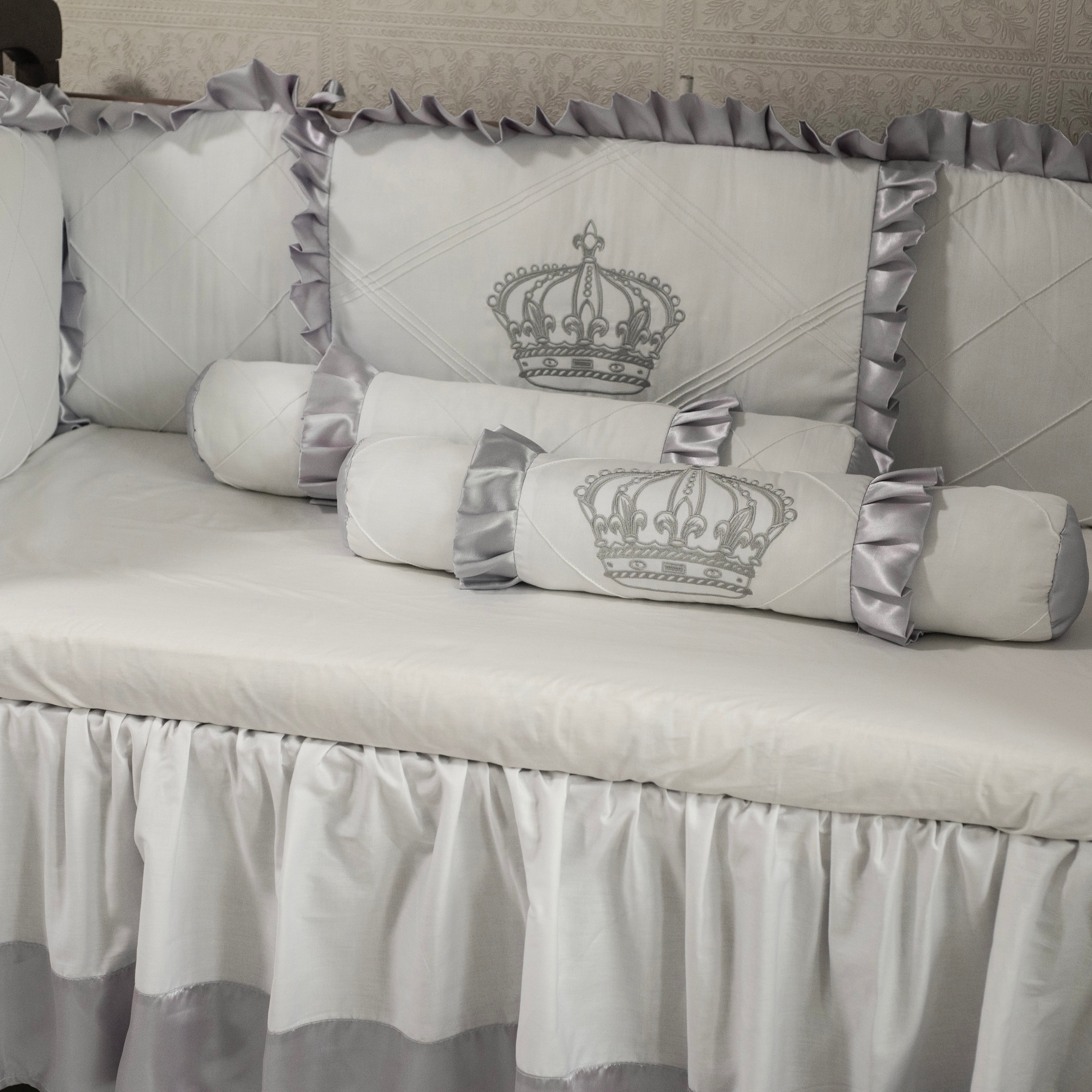 Royal Crown White and Silver Baby Crib Bedding Set with Canopy - Image 3