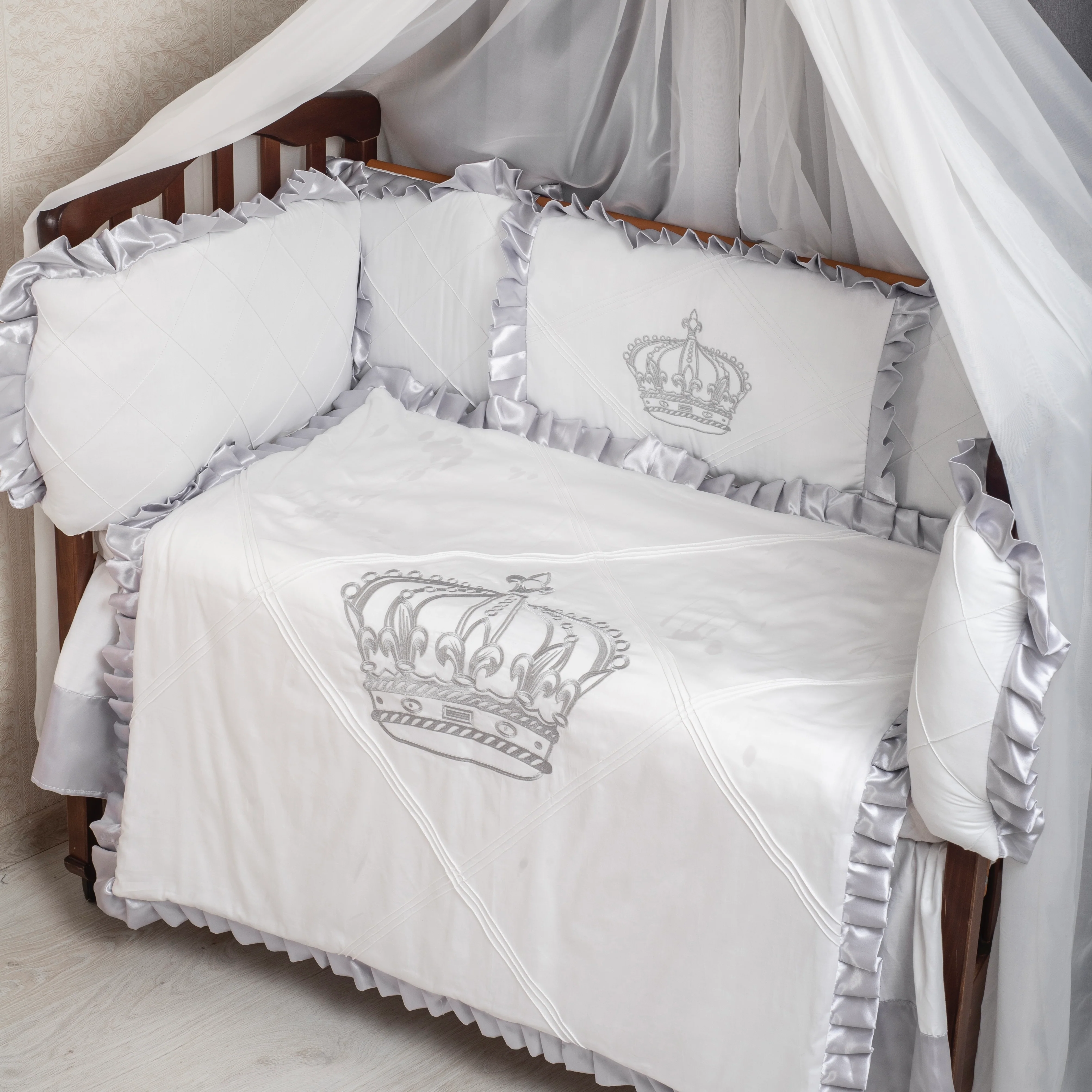 Royal Crown White and Silver Baby Crib Bedding Set with Canopy - Image 5