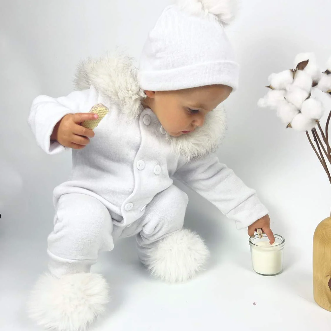 Snowy White Baby Romper with Fur Trim for Winter - Image 2