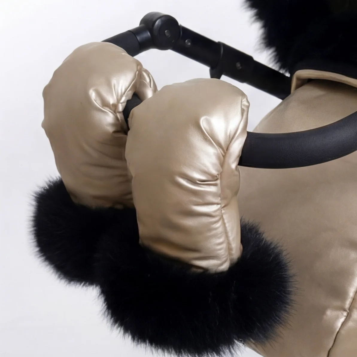Champagne Gold Stroller Cover Set with Black Fur – Custom Made - Image 3